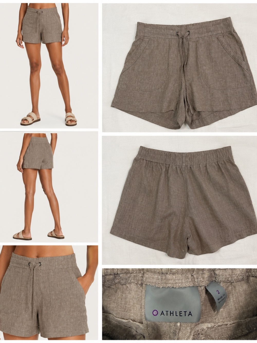 Athleta Taupe Drawstring Linen-Blend Athletic Shorts